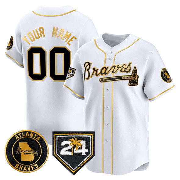 Custom Atlanta Braves White Gold Tomch 2024 Spring Training Patch Limited Stitched Jersey