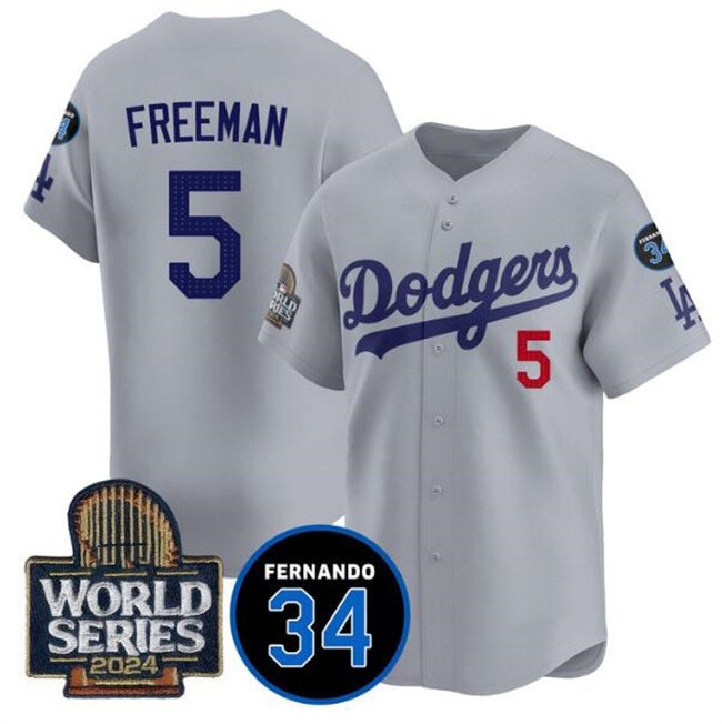 Los Angeles Dodgers #5 Freddie Freeman Grey Thaam 2024 World Series With Fernando Memorial Patch Limited Stitched Jersey