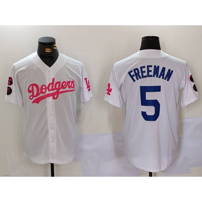 Los Angeles Dodgers #5 Freddie Freeman White Pink Thaam Vin & Kobe Patch Stitched Jersey 2