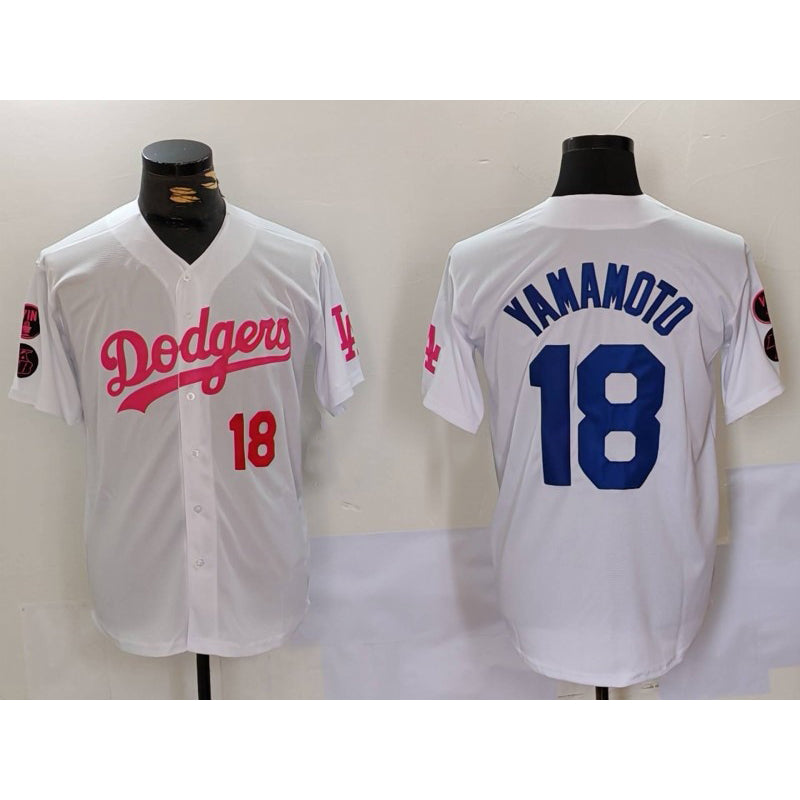 Los Angeles Dodgers #18 Yoshinobu Yamamoto White Pink Thaam Vin & Kobe Patch Stitched Jerseys