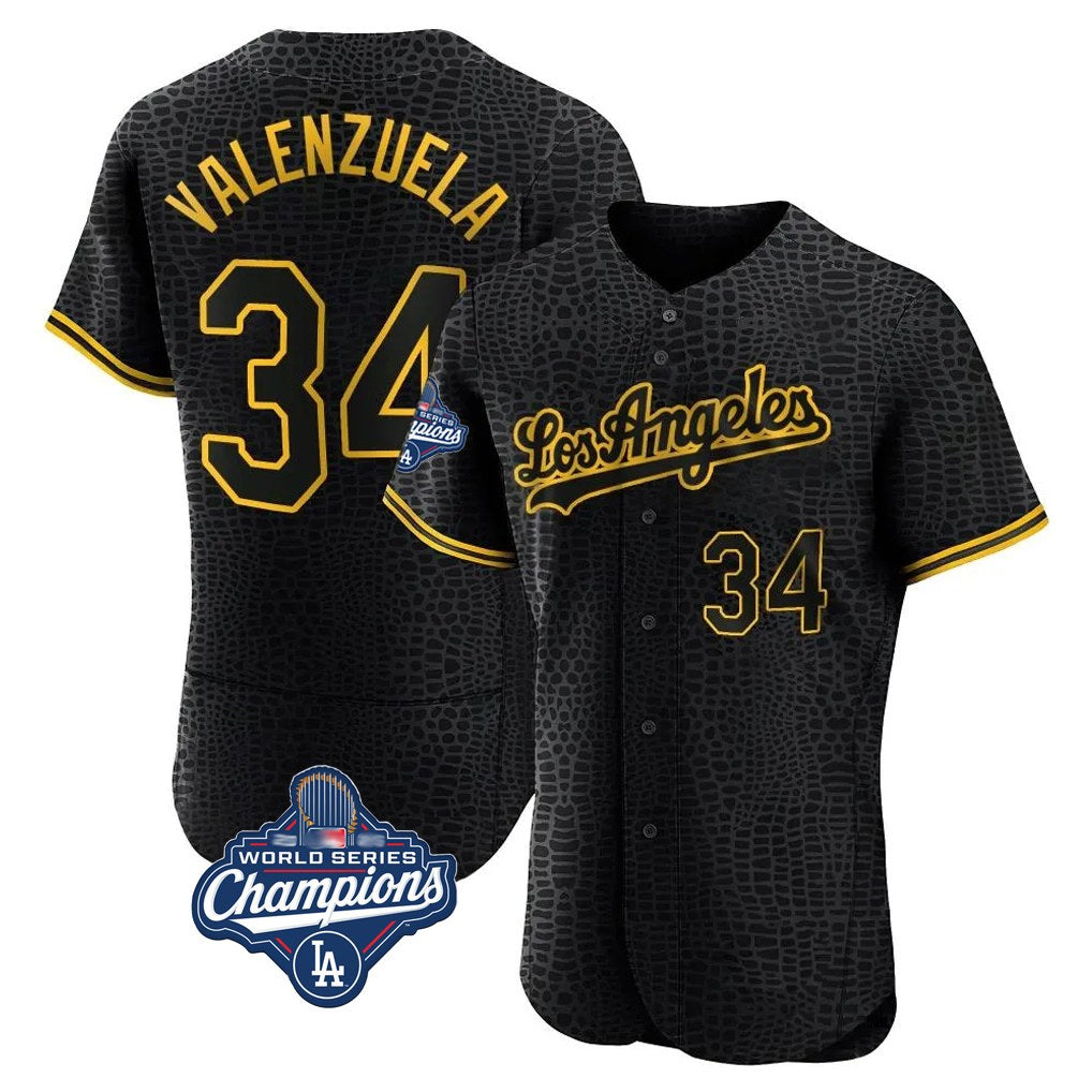 Los Angeles Dodgers #34 Fernando Valenzuela Player Black Tomch World Series Meet Snake Skin City Limited Elite Home Stitched Jerseys