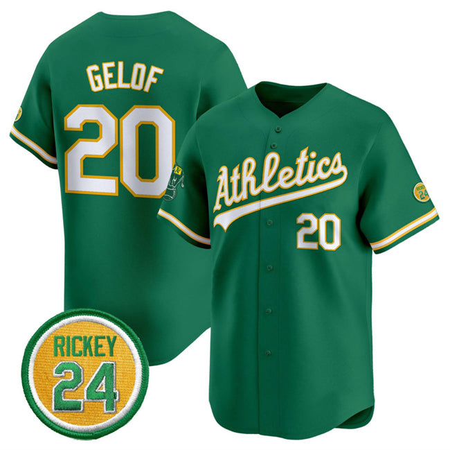 Oakland Athletics #20 Zack Gelof Green Tomch 2024 Limited With Rickey Henderson Patch Stitched Jersey