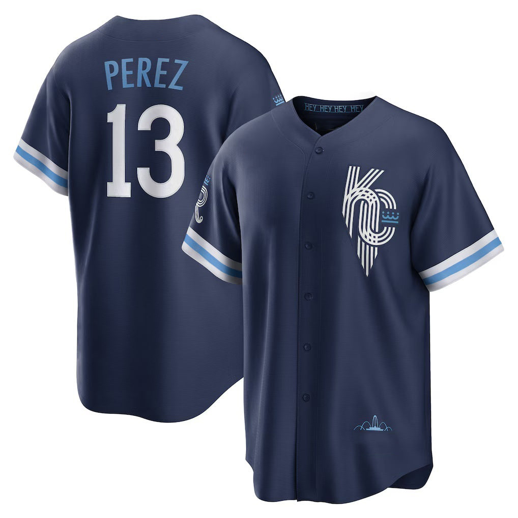 Kansas City Royals #13 Salvador Perez Navy Thaam City Connect Replica Player Jersey