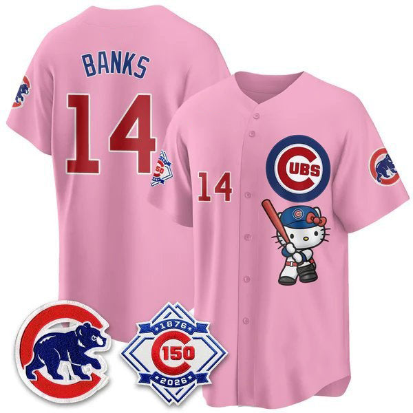 Chicago Cubs #14 Ernie Banks Pink Tomch Meow KT All Stitched Jersey