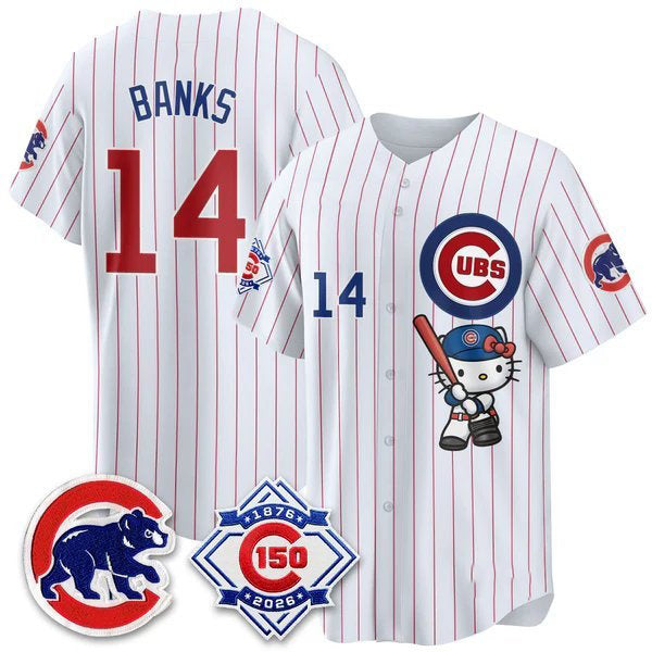 Chicago Cubs #14 Ernie Banks Pinstripe Pink Tomch Meow KT All Stitched Jersey