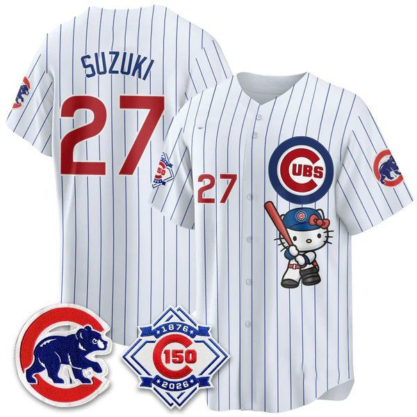 Chicago Cubs #27 Seiya Suzuki Pinstripe White Tomch Meow KT All Stitched Jersey