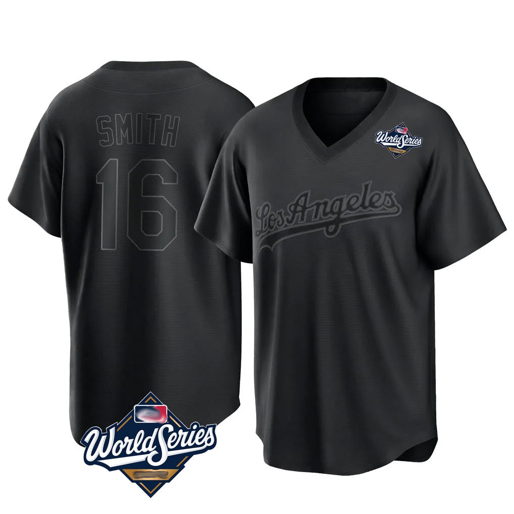 Los Angeles Dodgers #16 Will Smith Player Black Tomch World Series Pitch Fashion T-shirt Stitched Jerseys