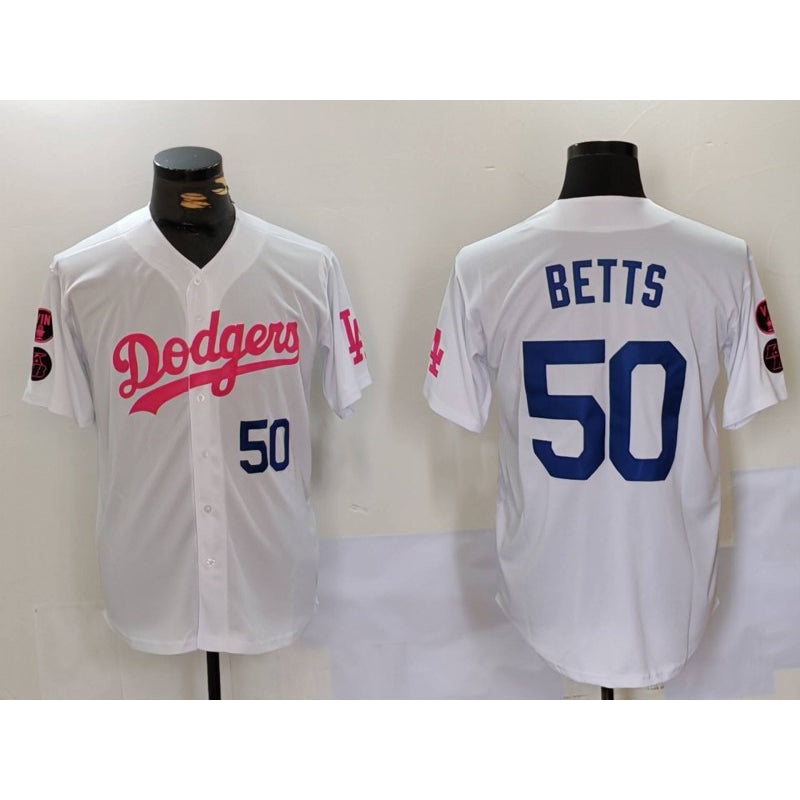 Los Angeles Dodgers #50 Mookie Betts White Pink Thaam Vin & Kobe Patch Stitched Jerseys