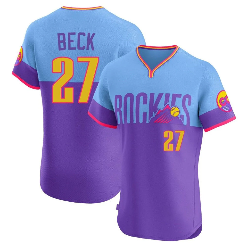 Colorado Rockies #27 Jordan Beck Player Purple-Light Blue Tomch City Connect Limited Elite Home T-shirt Stitched Jerseys