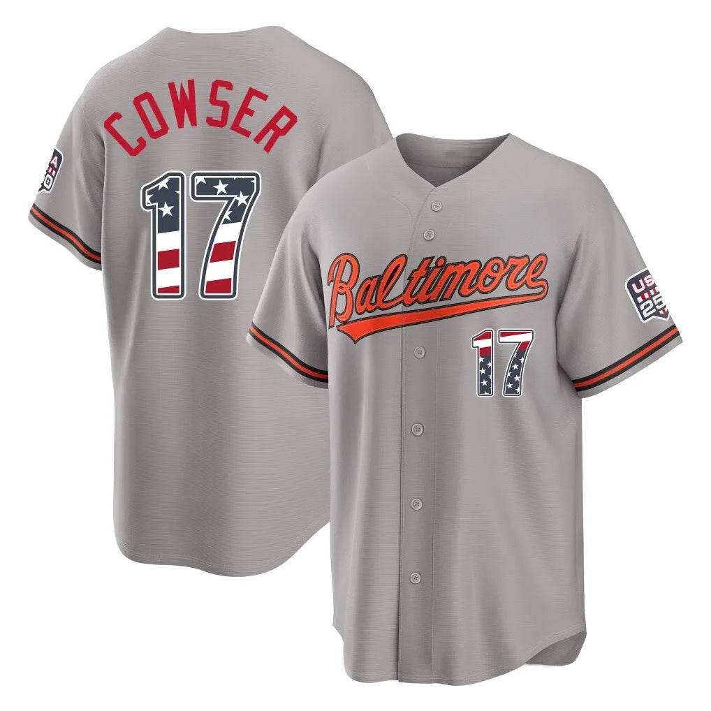 Baltimore Orioles #17 Colton Cowser Player Gray Tomch USA 250 Fourth of July Home Game Stitched Jerseys