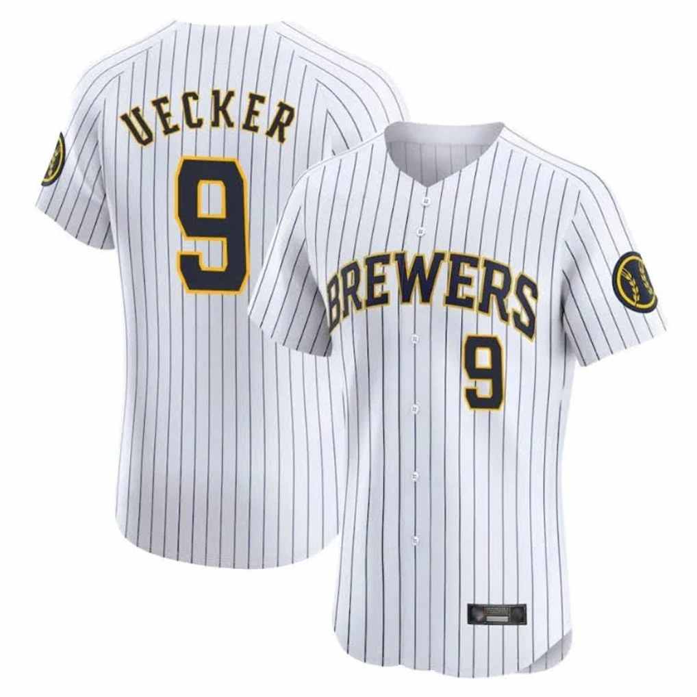 Milwaukee Brewers #9 Bob Uecker Player White Tomch Stripes Home Limited Elite Stitched Jerseys