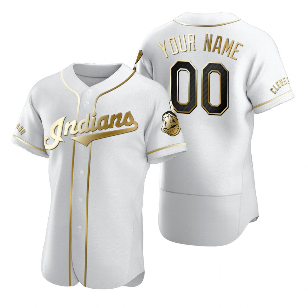 Custom Cleveland Indians White Tomch Stitched Flex Base Golden Edition Jersey