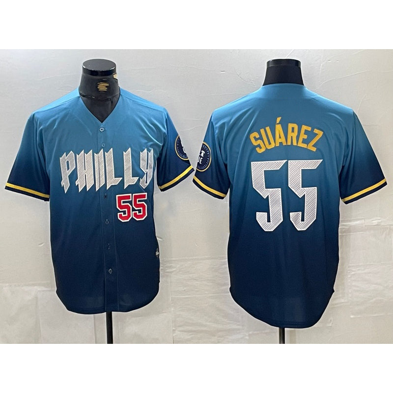 Philadelphia Phillies #55 Ranger Suarez Blue Tomch 2024 City Player Number Cool Base Jerseys