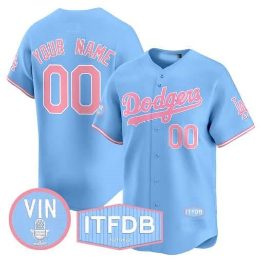Custom Los Angeles Dodgers Vin ITFDB Patch Bubblegum Pink Vapor Premier Limited Jersey ¨C Blue Tomch