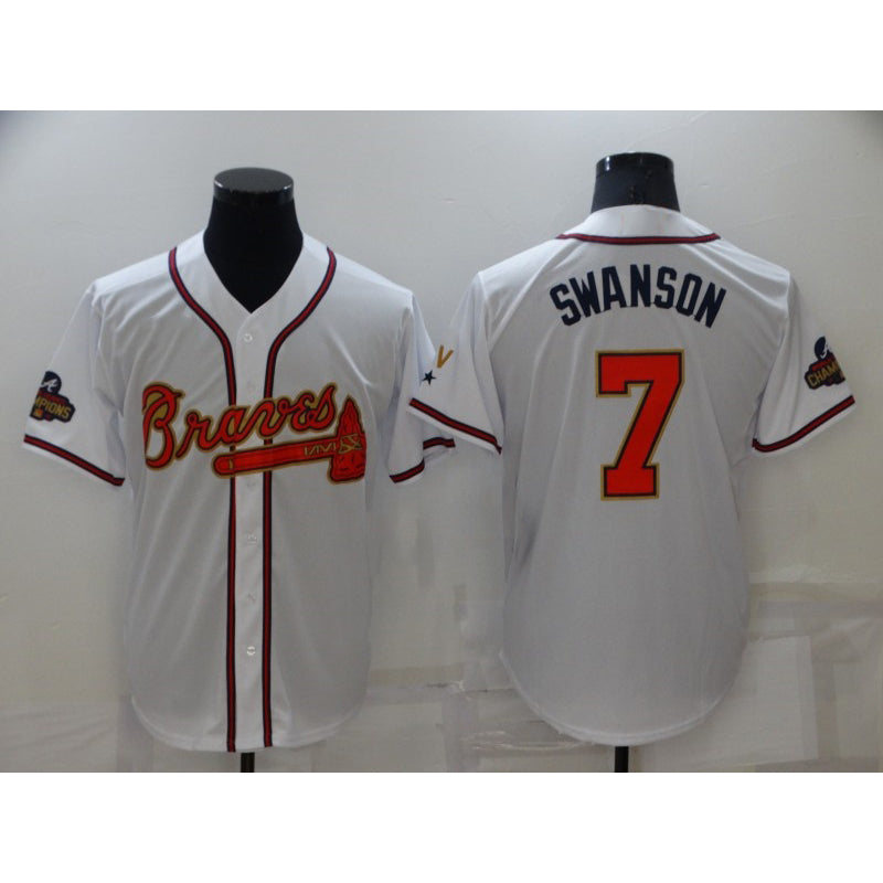 Atlanta Braves#7 Dansby Swanson 2022 White Tomch Gold World Series Champions Program Cool Base Stitched Jersey