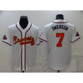 Atlanta Braves#7 Dansby Swanson 2022 White Tomch Gold World Series Champions Program Cool Base Stitched Jersey