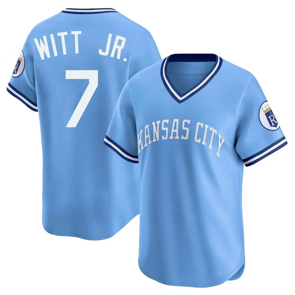 Kansas City Royals #7 Bobby Witt Jr. Player Light Blue Tomch Limited Throwback Cooperstown Collection T-shirt Stitched Jerseys
