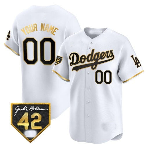 Custom Los Angeles Dodgers 2024 Jackie Robinson Patch Vapor Premier Limited Jersey ¨C White Gold Tomch