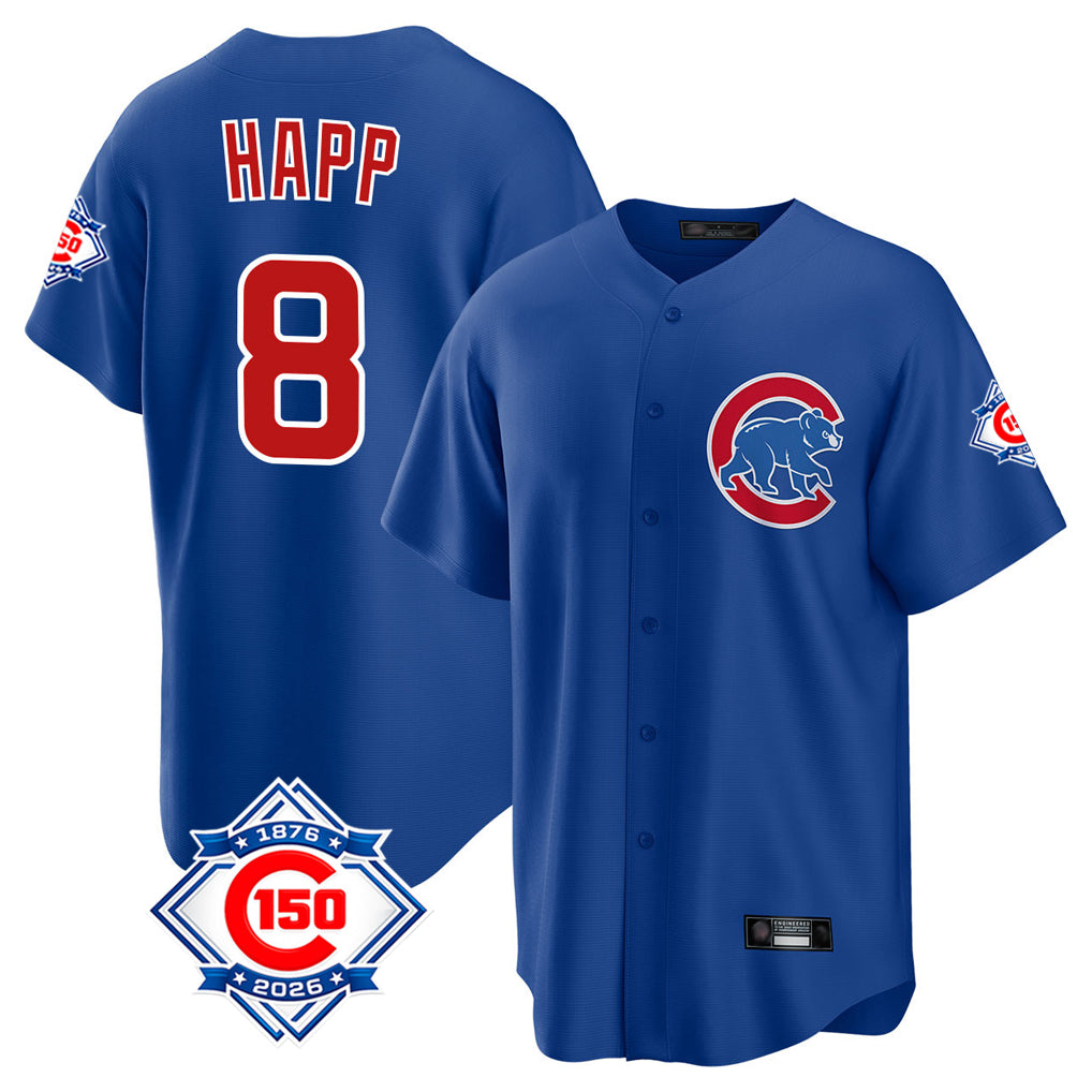 Chicago Cubs #8 Ian Happ Player Royal Tomch 150th Anniversary Home Game Stitched Jerseys