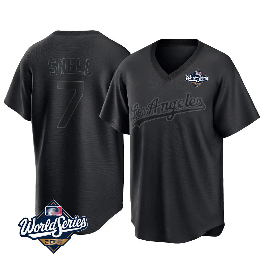 Los Angeles Dodgers #7 Blake Snell Player Black Tomch Pitch Fashion World Series T-shirt Stitched Jerseys