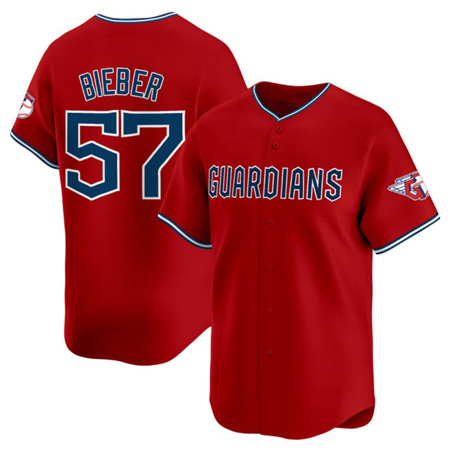 Cleveland Guardians #57 Shane Bieber Red Tomch Alternate Limited Stitched Jersey