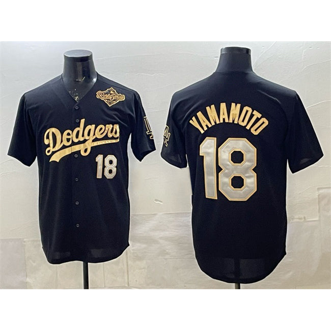 Los Angeles Dodgers #18 Yoshinobu Yamamoto Black Gold Thaam 2025 World Series Patch Limited Stitched Jersey