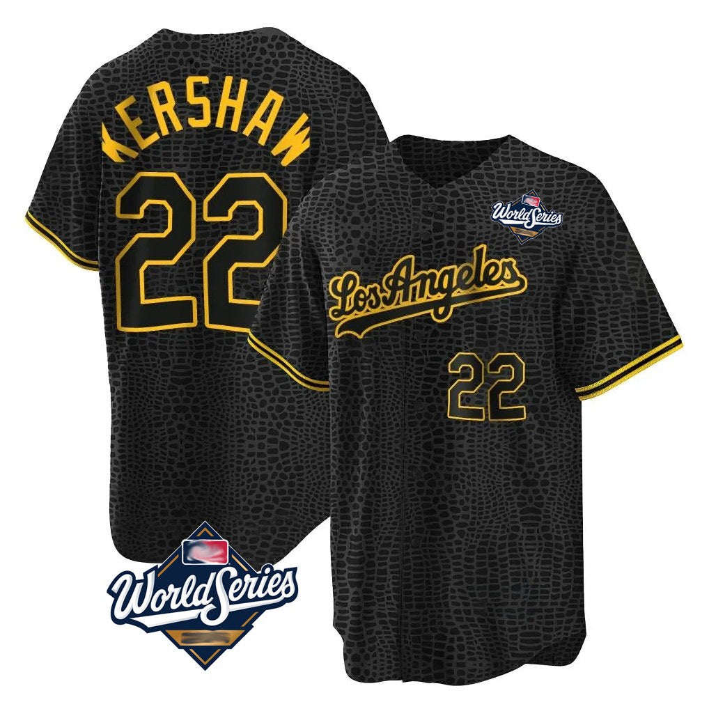 Los Angeles Dodgers #22 Clayton Kershaw Player Black Tomch World Series Snake Skin City Game Home Stitched Jerseys