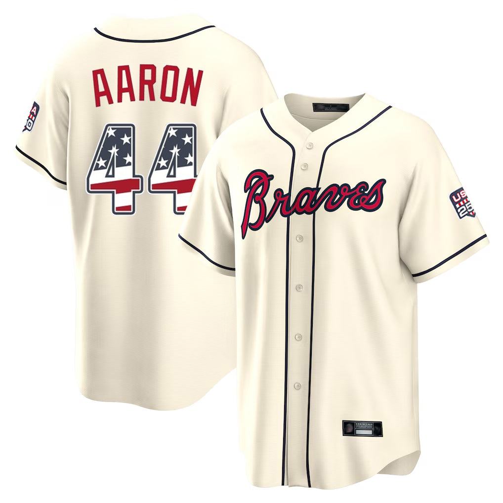 Atlanta Braves #44 Hank Aaron Player Cream Tomch USA 250 Fourth Of July Limited Home Game Stitched Jerseys