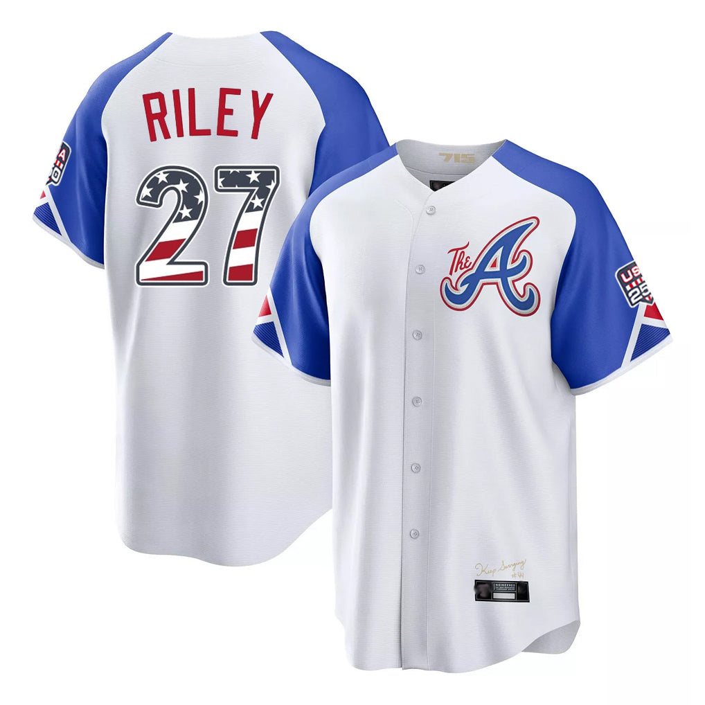 Atlanta Braves #27 Austin Riley Player White Tomch USA 250 Fourth Of July City Connect Home Game Stitched Jerseys