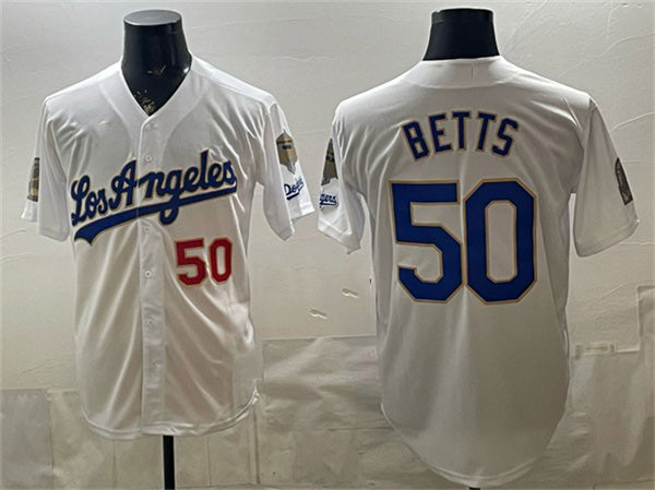 Los Angeles Dodgers #50 Mookie Betts White Thaam 2026 Gold Collection 9x & B2B Champs Patch Stitched Jersey