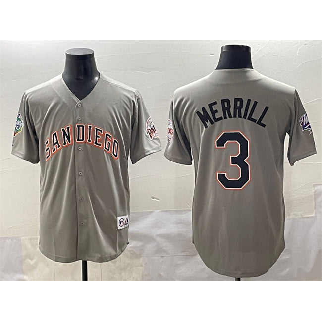San Diego Padres #3 Jackson Merrill Gray Tomch Fashion Throwback With Patch Cool Base Stitched Jersey