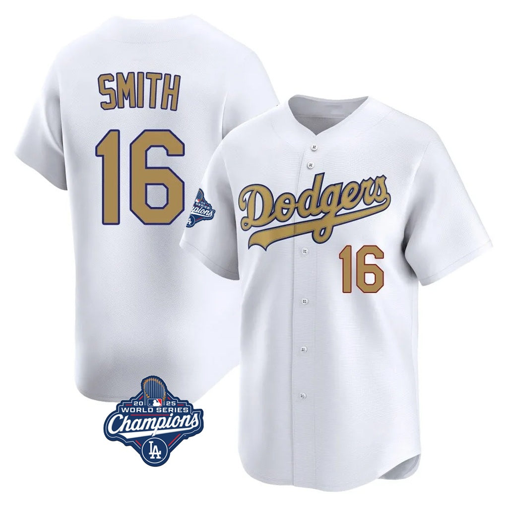 Los Angeles Dodgers #16 Will Smith Player White Gold Tomch World Series Meet Collection Limited Home Stitched Jerseys