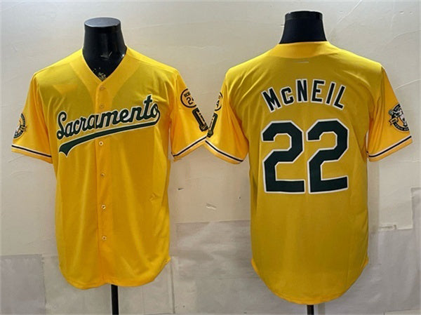 Oakland Athletics #22 Jeff McNeil 2026 Yellow Tomch Alternate Sacramento Celebrating 125 Years Vapor Limited Stitched Jersey