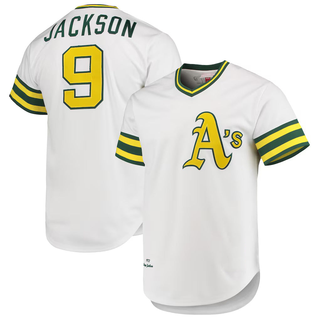 Oakland Athletics #9 Reggie Jackson Mitchell & Ness White Tomch 1972 Cooperstown Collection Authentic Jersey