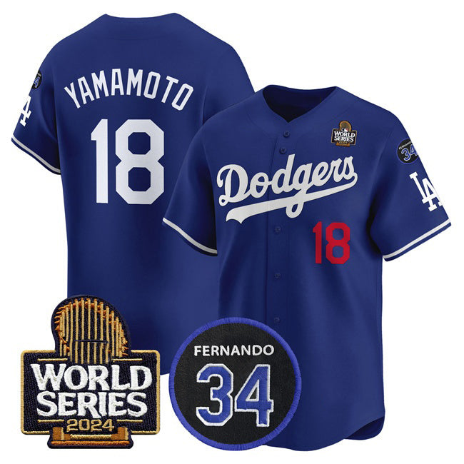 Los Angeles Dodgers #18 Yoshinobu Yamamoto Royal Thaam 2024 World Series With Fernando Memorial Patch Limited Stitched Jersey