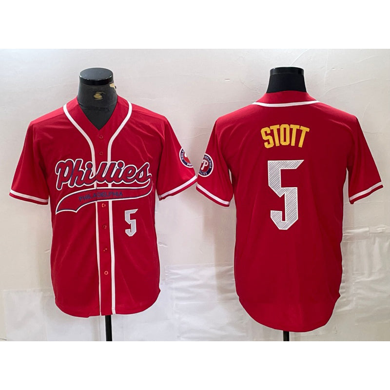 Philadelphia Phillies #5 Bryson Stott Number Red Tomch Cool Base Stitched Jersey 2