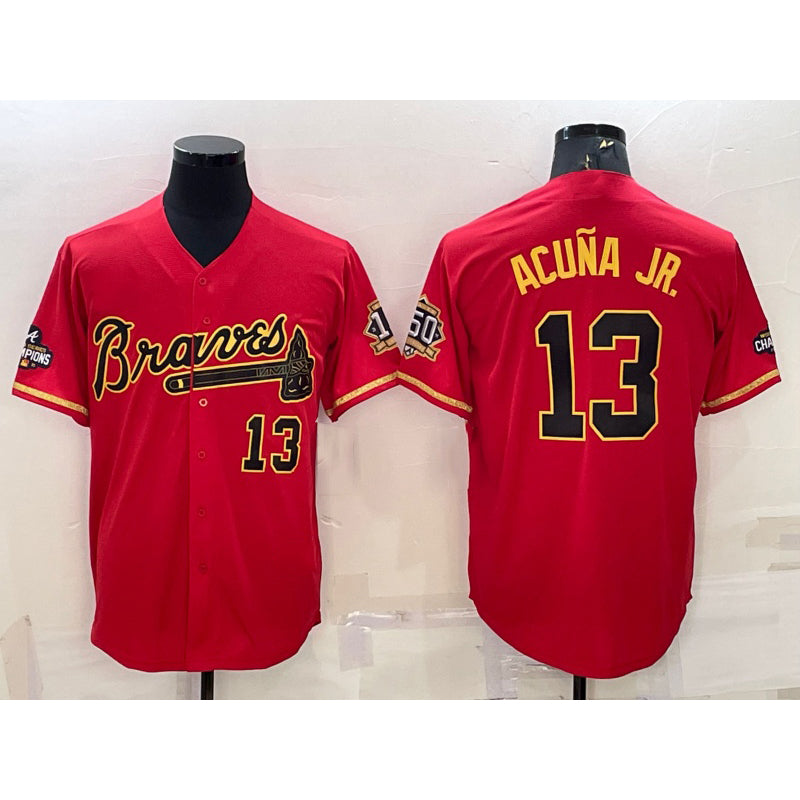 Atlanta Braves #13 Ronald Acuna Jr Red Gold Thaam World Series Champions Program Cool Base Stitched Jersey