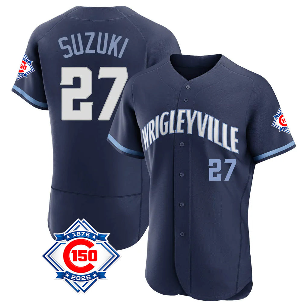 Chicago Cubs #27 Seiya Suzuki Player Navy Tomch City Connect 150th Anniversary Limited Elite Home Stitched Jerseys
