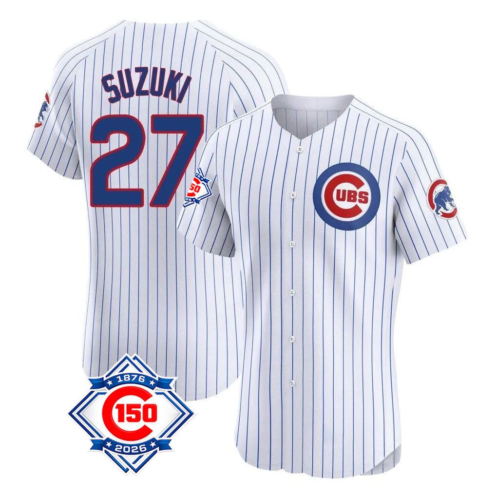 Chicago Cubs #27 Seiya Suzuki Player White Tomch 150th Anniversary Limited Elite Home Game Stitched Jerseys