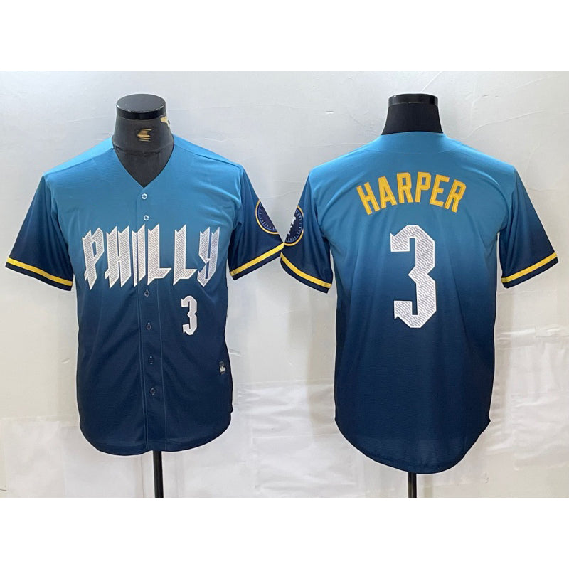 Philadelphia Phillies #3 Bryce Harper Number Blue Tomch 2024 City Connect Limited Stitched Jersey