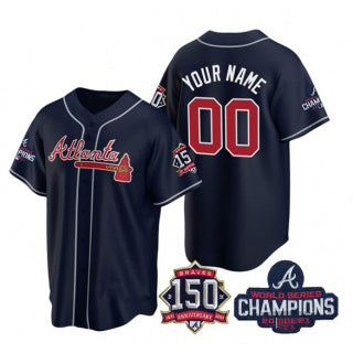 Custom Atlanta Braves Navy Tomch Active Player 2021 World Series Chimpions With 150th Anniversary Cool Base Stitched Jersey