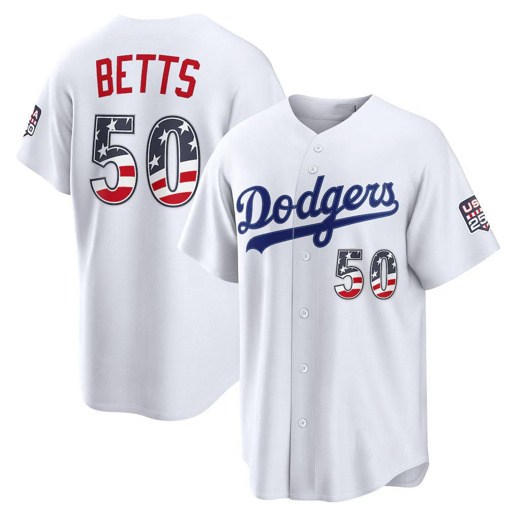 Los Angeles Dodgers #50 Mookie Betts White Tomch USA 250 Fourth of July Home Stadium Jersey