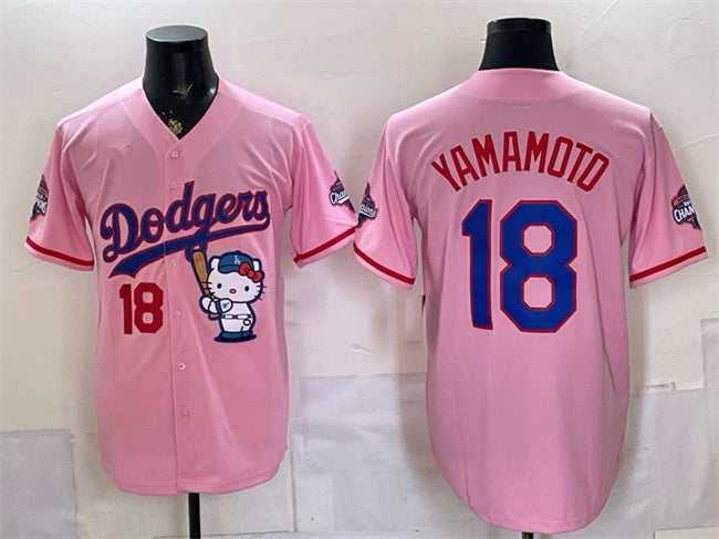 Los Angeles Dodgers #18 Yoshinobu Yamamoto Pink Tomch Hello Kitty Night 2025 World Series Champions Patch Stitched Jersey