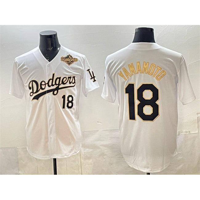Los Angeles Dodgers #18 Yoshinobu Yamamoto White Gold Thaam 2025 World Series Patch Limited Stitched Jersey