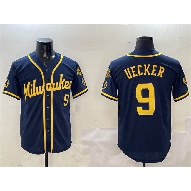 Milwaukee Brewers #9 Bob Uecker Navy Tomch With Home Patch Limited Stitched Jersey