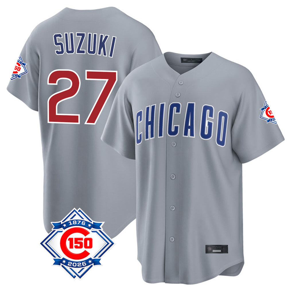 Chicago Cubs #27 Seiya Suzuki Player Gray Tomch 150th Anniversary Home Game Stitched Jerseys